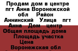 Продам дом в центре пгт Анна Воронежской обл. › Район ­ Аннинский › Улица ­ пгт Анна › Дом ­ центр › Общая площадь дома ­ 100 › Площадь участка ­ 12 › Цена ­ 2 445 000 - Воронежская обл., Аннинский р-н, Анна рп Недвижимость » Дома, коттеджи, дачи продажа   . Воронежская обл.